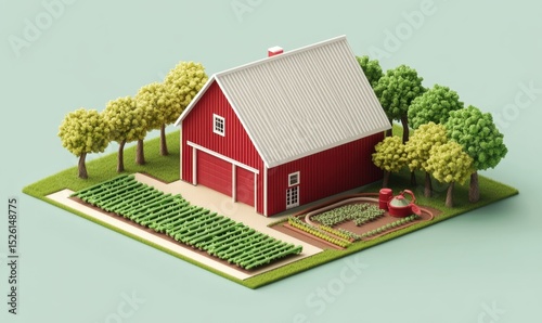 Red barn, farm garden, isometric view, rural landscape, agriculture