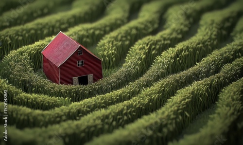 Red barn nestled in a wheat field maze; rural landscape, summer harvest, agriculture