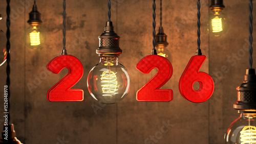 New Year 2026 Creative Design Concept with CFL Bulb - 3D Rendered Image