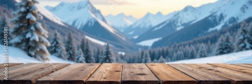 Rustic wooden table, blurred winter mountain view Ideal for showcasing products , winter, light
