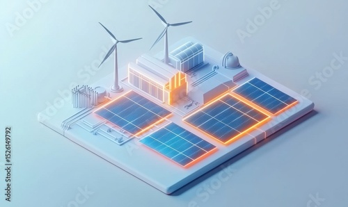 Sustainable energy plant with solar panels and wind turbines