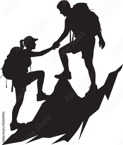 Helping Hand Silhouette of Hikers Assisting Each Other on Mountain Ascent