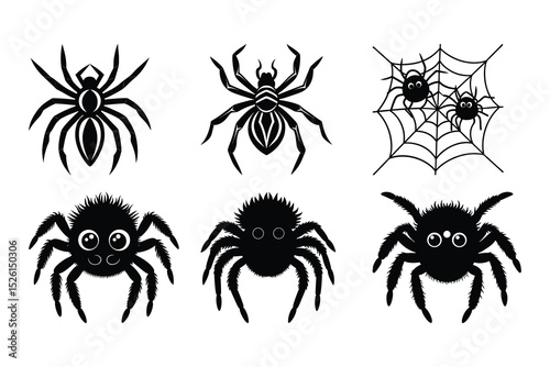 Set of black spiders with various styles including cobwebs and cute character design