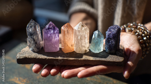 Mano sosteniendo base de piedra con cristales minerales de colores alineados y brillando bajo luz natural