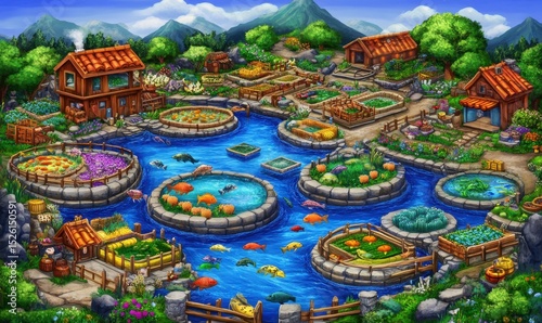 Sustainable farming village river fish farming agriculture mountain background