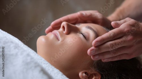 Mujer recostada con los ojos cerrados recibiendo sesión de reiki o sanación energética con manos sobre su rostro

