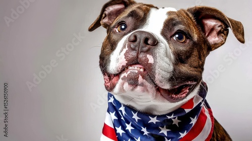 American bulldog with an american flag bandana sitting and smiling isolated on white background. Memorial day 4 july Labor day party event. Patriotic canine companion joyfully celebrates
