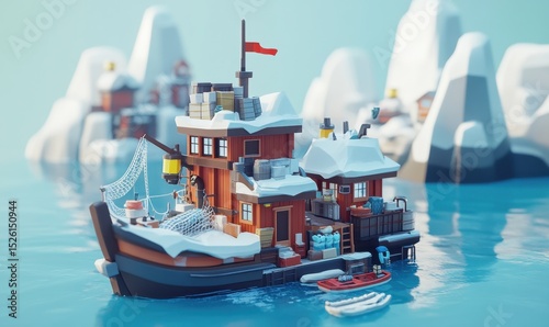 Winter fishing vessel near snowy village. Illustration for children's book or game