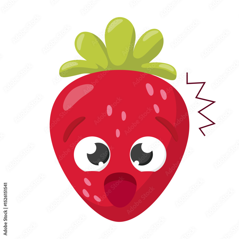 Fototapeta premium Funny surprised strawberry cartoon face with big eyes and open mouth isolated on white background