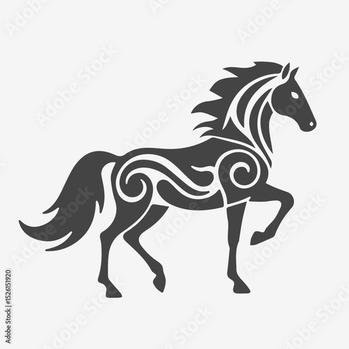 Black tribal horse illustration with flowing mane and ornate swirls. 2026 symbol of year