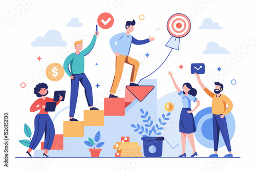 A flat vector illustration of five business people holding large golden stars, symbolizing teamwork, customer satisfaction, five-star ratings, and positive reviews. 