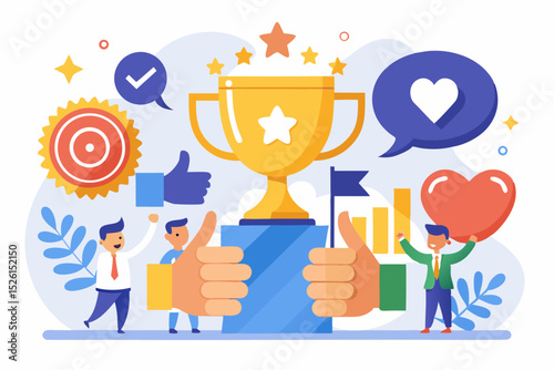 A flat vector illustration of five business people holding large golden stars, symbolizing teamwork, customer satisfaction, five-star ratings, and positive reviews. 