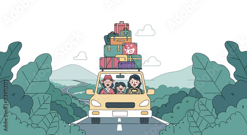Cheerful flat vector illustration of a family on a road trip: parents and child in a car piled high with colorful luggage, driving on a winding road through lush green landscapes. Adventure awaits