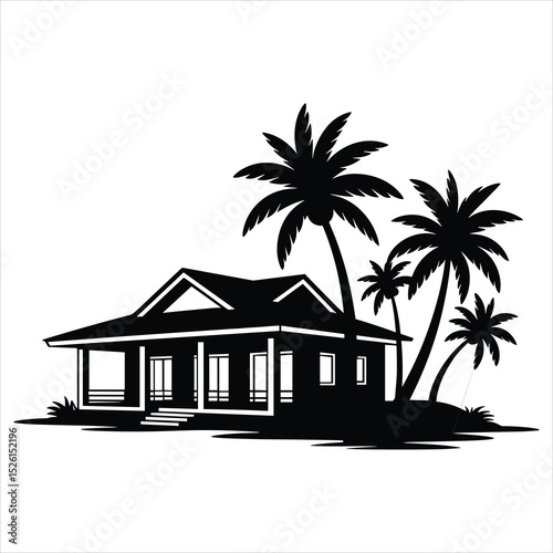 a beachfront villa with simple architectural features like a pitched roof, windows, and a porch ,two or three tall palm trees with distinct fronds positioned beside the villa