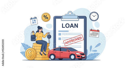 Flat vector illustration: Woman with car keys sits on gold coins next to an 'Approved' loan document and a new car. Represents car loan approval and financial success