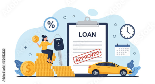 Flat vector illustration: Woman with car keys sits on gold coins next to an 'Approved' loan document and a new car. Represents car loan approval and financial success