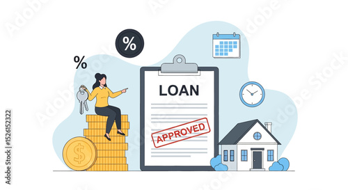 Flat vector illustration of financial success: a woman holds house keys while sitting on a stack of gold coins, with an 'Approved' loan document for a house in the background