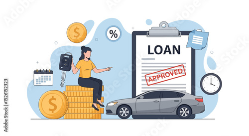 Flat vector illustration: Woman with car keys sits on gold coins next to an 'Approved' loan document and a new car. Represents car loan approval and financial success