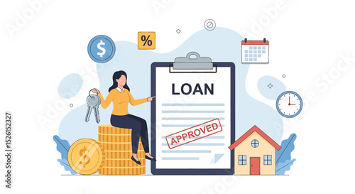 Flat vector illustration of financial success: a woman holds house keys while sitting on a stack of gold coins, with an 'Approved' loan document for a house in the background