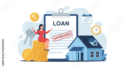 Flat vector illustration of financial success: a woman holds house keys while sitting on a stack of gold coins, with an 'Approved' loan document for a house in the background