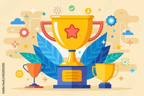 A flat vector illustration of five business people holding large golden stars, symbolizing teamwork, customer satisfaction, five-star ratings, and positive reviews. 