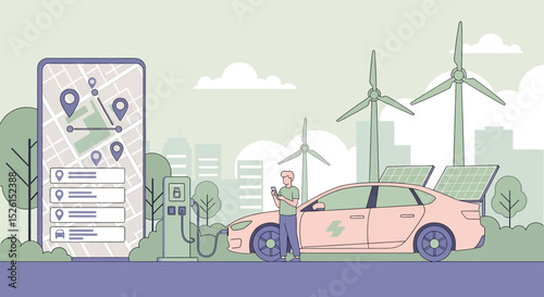 Sustainable urban mobility flat vector: A man charges his red electric car using a charging station, guided by a map app on his phone. Wind turbines and solar panels in the cityscape green energy