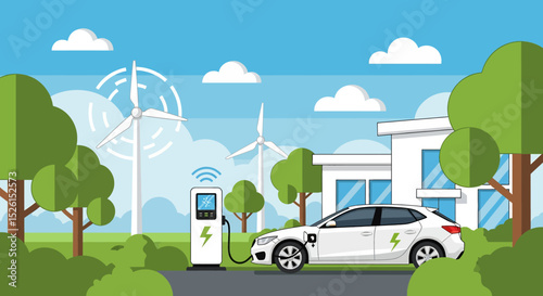 Eco-friendly flat vector illustration: an electric car charging at a station powered by a wind turbine, near a modern house and green trees under a bright sky. Sustainable energy
