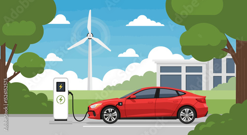 Eco-friendly flat vector illustration: an electric car charging at a station powered by a wind turbine, near a modern house and green trees under a bright sky. Sustainable energy