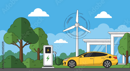 Eco-friendly flat vector illustration: an electric car charging at a station powered by a wind turbine, near a modern house and green trees under a bright sky. Sustainable energy