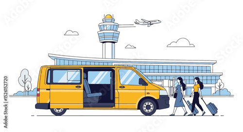 Vibrant flat vector illustration depicting an airport scene: a yellow shuttle van with an open door, two travelers with luggage, a terminal building, control tower, and a plane taking off