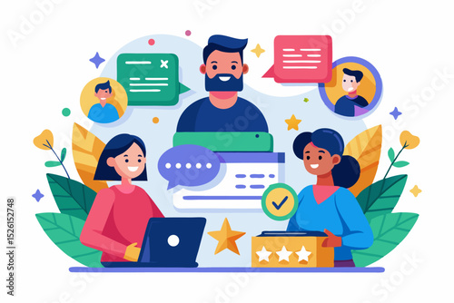 A flat vector illustration of five business people holding large golden stars, symbolizing teamwork, customer satisfaction, five-star ratings, and positive reviews. 
