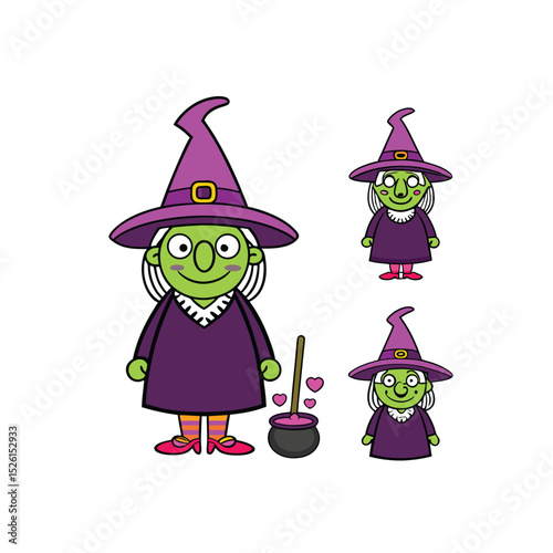 Adorable cartoon witch character illustrations in a set perfect for halloween designs and projects