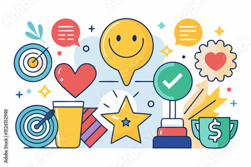 A flat vector illustration of five business people holding large golden stars, symbolizing teamwork, customer satisfaction, five-star ratings, and positive reviews. 
