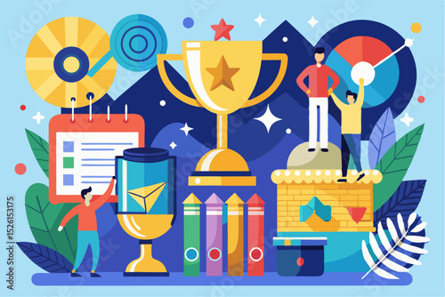 A flat vector illustration of five business people holding large golden stars, symbolizing teamwork, customer satisfaction, five-star ratings, and positive reviews. 