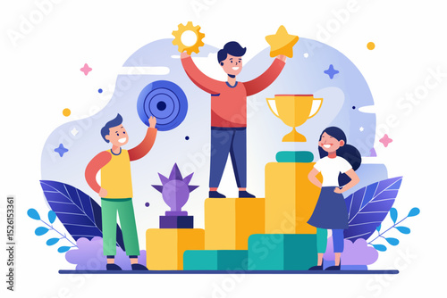 A flat vector illustration of five business people holding large golden stars, symbolizing teamwork, customer satisfaction, five-star ratings, and positive reviews. 