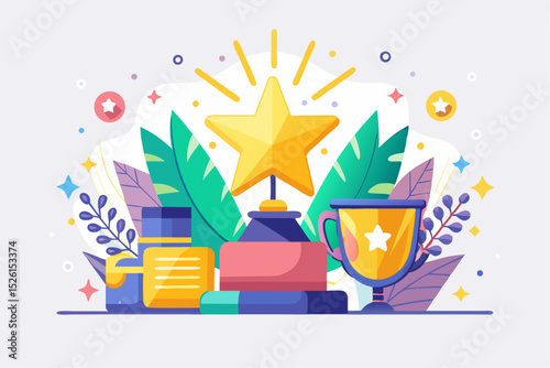 A flat vector illustration of five business people holding large golden stars, symbolizing teamwork, customer satisfaction, five-star ratings, and positive reviews. 