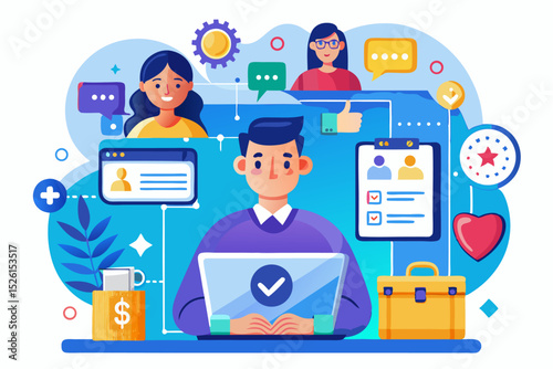 A flat vector illustration of five business people holding large golden stars, symbolizing teamwork, customer satisfaction, five-star ratings, and positive reviews. 
