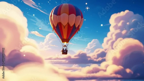 Colorful Hot Air Balloon Floating Through Dreamy Starry Sky Clouds Animation