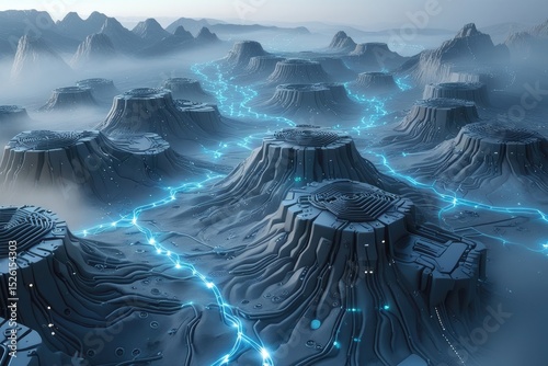 Fantasy Landscape Glacial Peaks Glowing Rivers Futuristic Architecture SciFi World Digital Art Unreal Engine Render