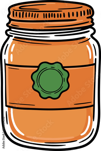 Cartoon Glass Jar with Orange Lid and Green Label – Food Storage Container for Kitchen, Preserves, and Pantry Organization

