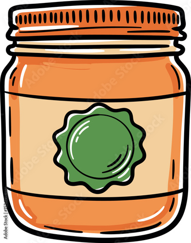 Cartoon Glass Jar with Orange Lid and Green Label – Food Storage Container for Kitchen, Preserves, and Pantry Organization

