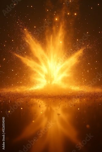 Radiant gold powder detonation spreading in motion from center point, elegant and modern background 