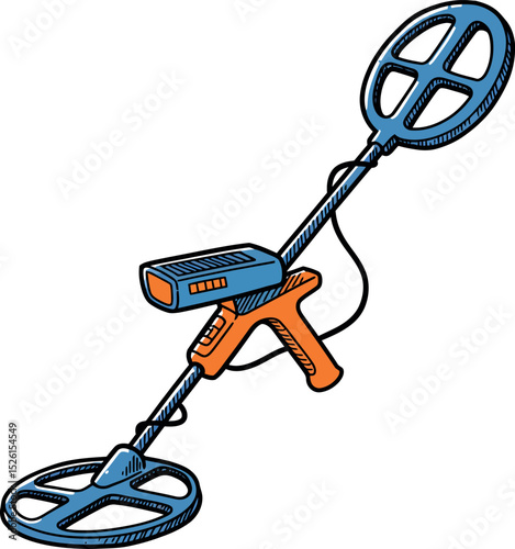 Cartoon Metal Detector Illustration with Blue and Orange Handle – Treasure Hunting Tool for Outdoor Exploration and Hobby

