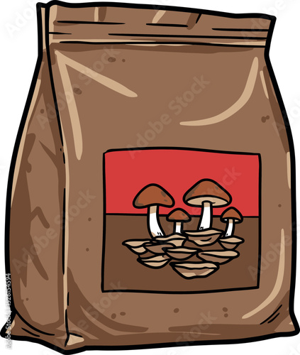 Cartoon Mushroom Growing Kit Bag Illustration – Brown Packaging for Edible Fungi Cultivation and Home Gardening

