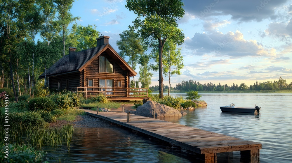 Obraz premium A serene lakeside cabin with a wooden dock and a boat on the calm water, surrounded by lush green trees and a clear blue sky with fluffy white clouds.