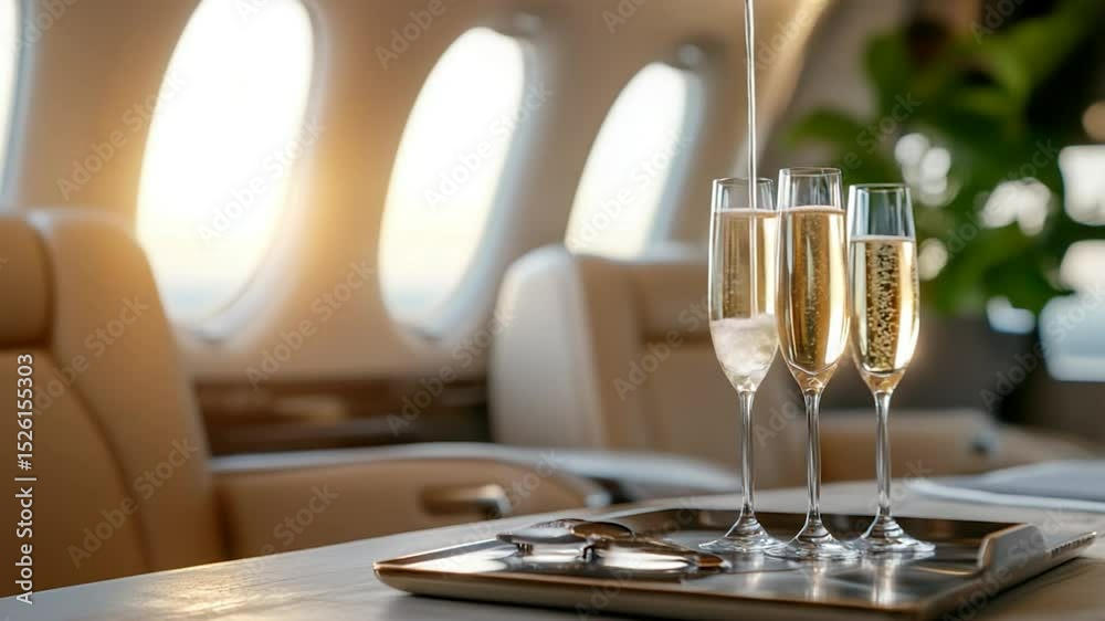 Sparkling wine toast inside private jet for luxury travel and celebration Sparkling wine toast inside private jet for luxury travel and celebration