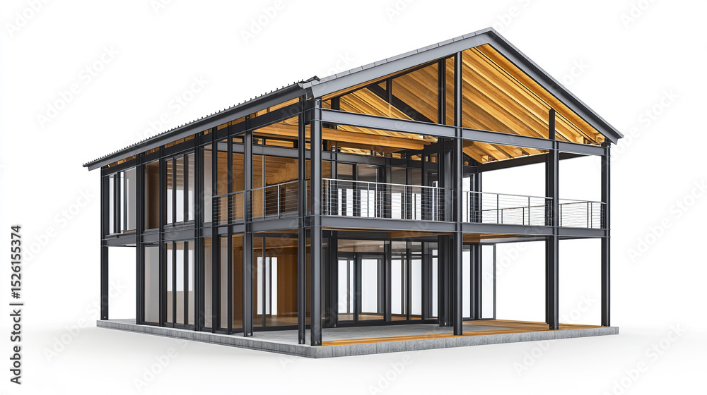 Obraz premium modern steel frame house showcasing lightweight metal framework and wooden accents