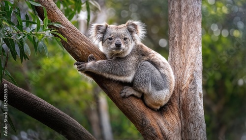 Endangered Koala Cuddled among Australian Eucalyptus, Majestic Wildlife Portrait Showcasing Serene Tranquility and Vibrant Greenery in Petrie, Queensland