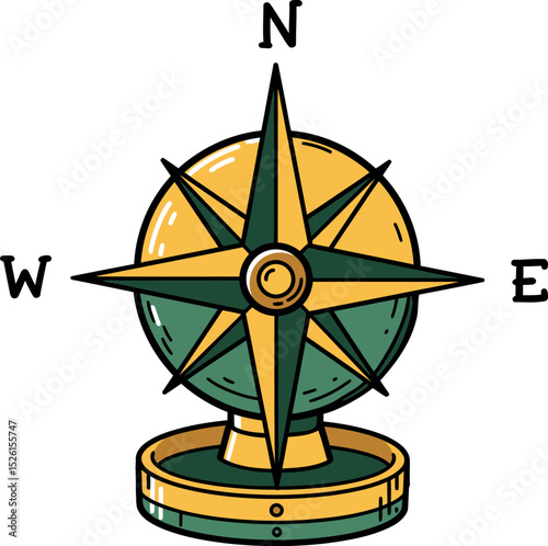 Cartoon Compass Rose Illustration – Vintage Navigation Symbol for Maps, Direction, Travel, and Adventure Design

