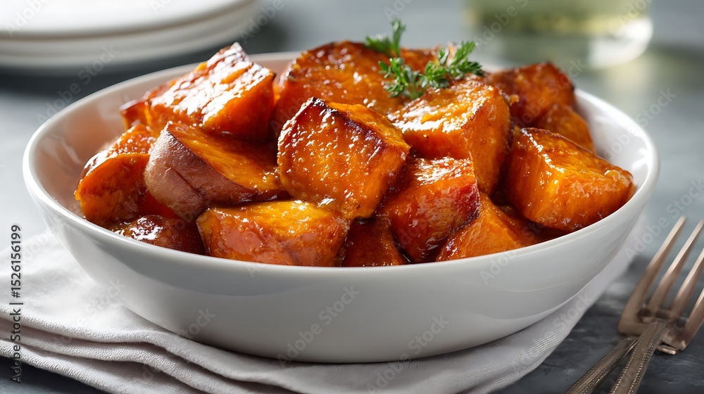 Bowl of Glazed Sweet Potato Cubes with Fresh Herbs Bowl of Glazed Sweet Potato Cubes with Fresh Herbs
